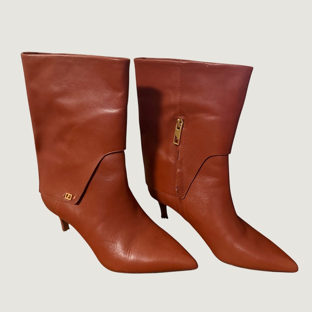 Franco Sarto Alberta Boot 6M Pointed Toe Kitten Heel Leather Mid Calf Brown
